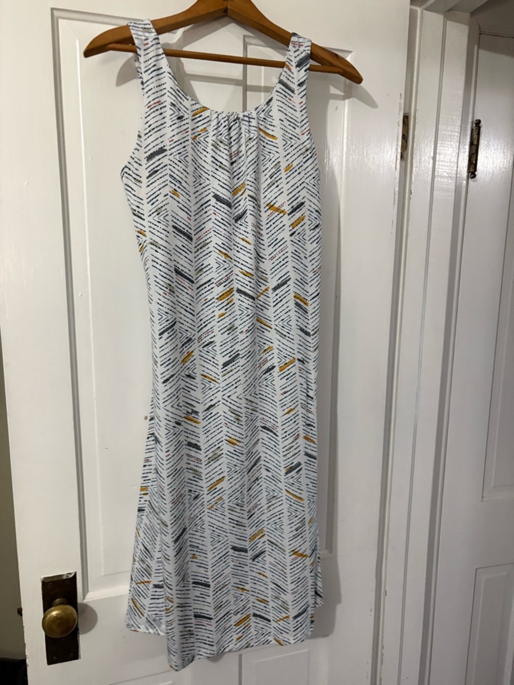 Prana White Midi Dress with Navy and Yellow Linear Print